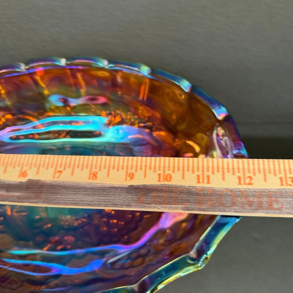 Vintage Carnival Glass Footed Bowl Marigold Iridescent Fruit Harvest 12 Inch